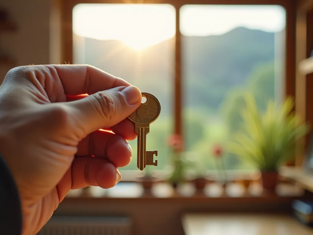 Handwerkerhand, die einen Schlüssel hält, vor einem Fenster mit Blick auf die Schweizer Berge. Symbolisiert digitale Souveränität, sichere Datenkontrolle und unabhängiges Hosting in der Schweiz für Handwerksbetriebe.
