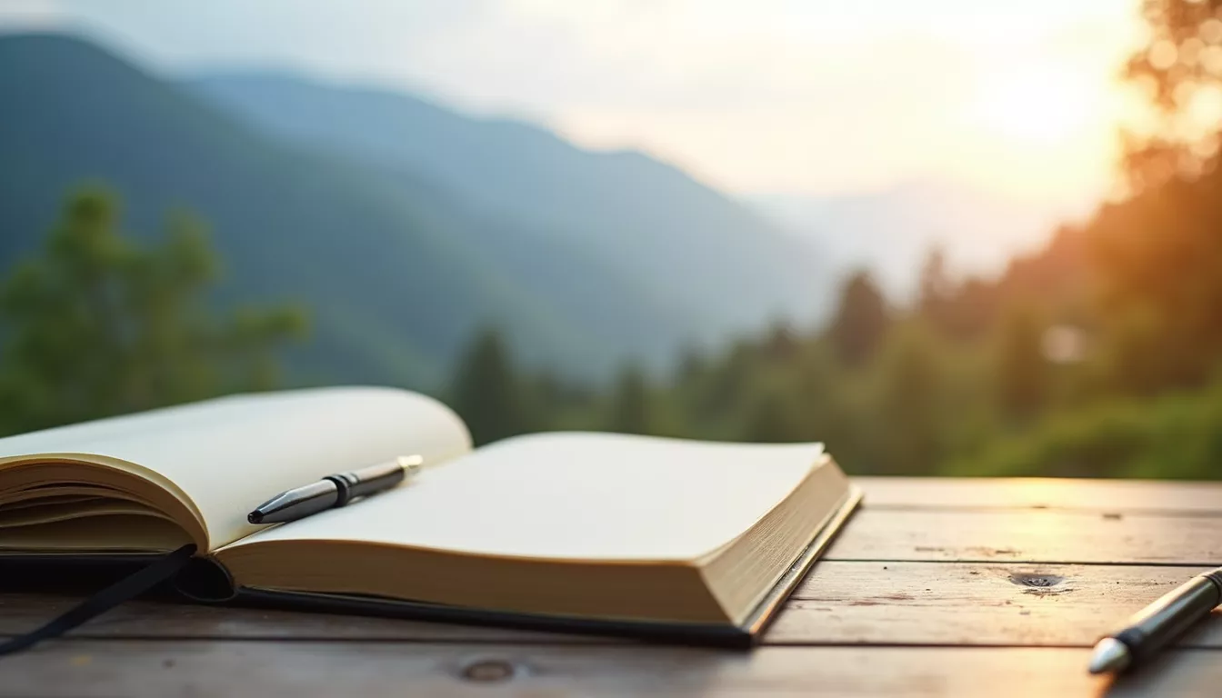  Symbolbild für authentisches Texte schreiben: Ein Notizbuch und Stift auf einem Holztisch vor heller Landschaft. Steht für den 'Waschechten Planer' von Atelier MARRI, der hilft, Schreibblockaden mit Struktur und Intuition zu lösen.